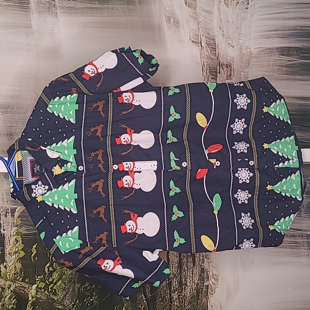 Holly Jolly Mens Large Snowman Reindeer Christmas Holiday dress shirt